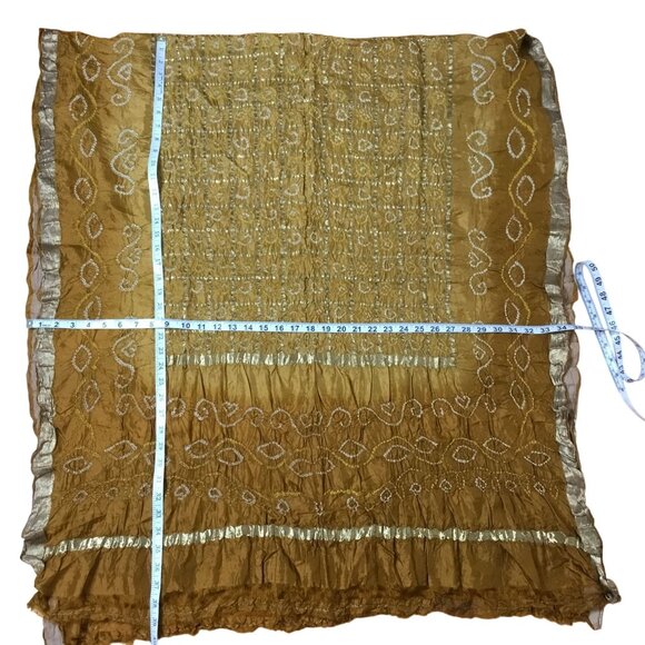 VTG Silk Bandhani Dupatta Shawl Gold Crinkle Wrap Zari Border India Artisan Boho - Picture 8 of 10